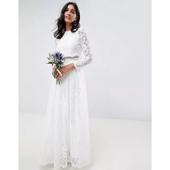 ASOS BRIDAL EDITION Grace Lace Long Sleeve Crop Top Maxi Wedding Dress - Picture 5 of 16